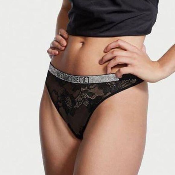 Victorias Secret Very Sexy Bling shine strap Mid rise Lace Thong Black Large - Picture 1 of 6